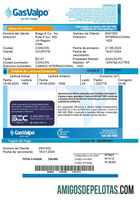 Para baixar modelo de conta de serviço público Chile GasValpo totalmente editável em formatos Word e PDF1